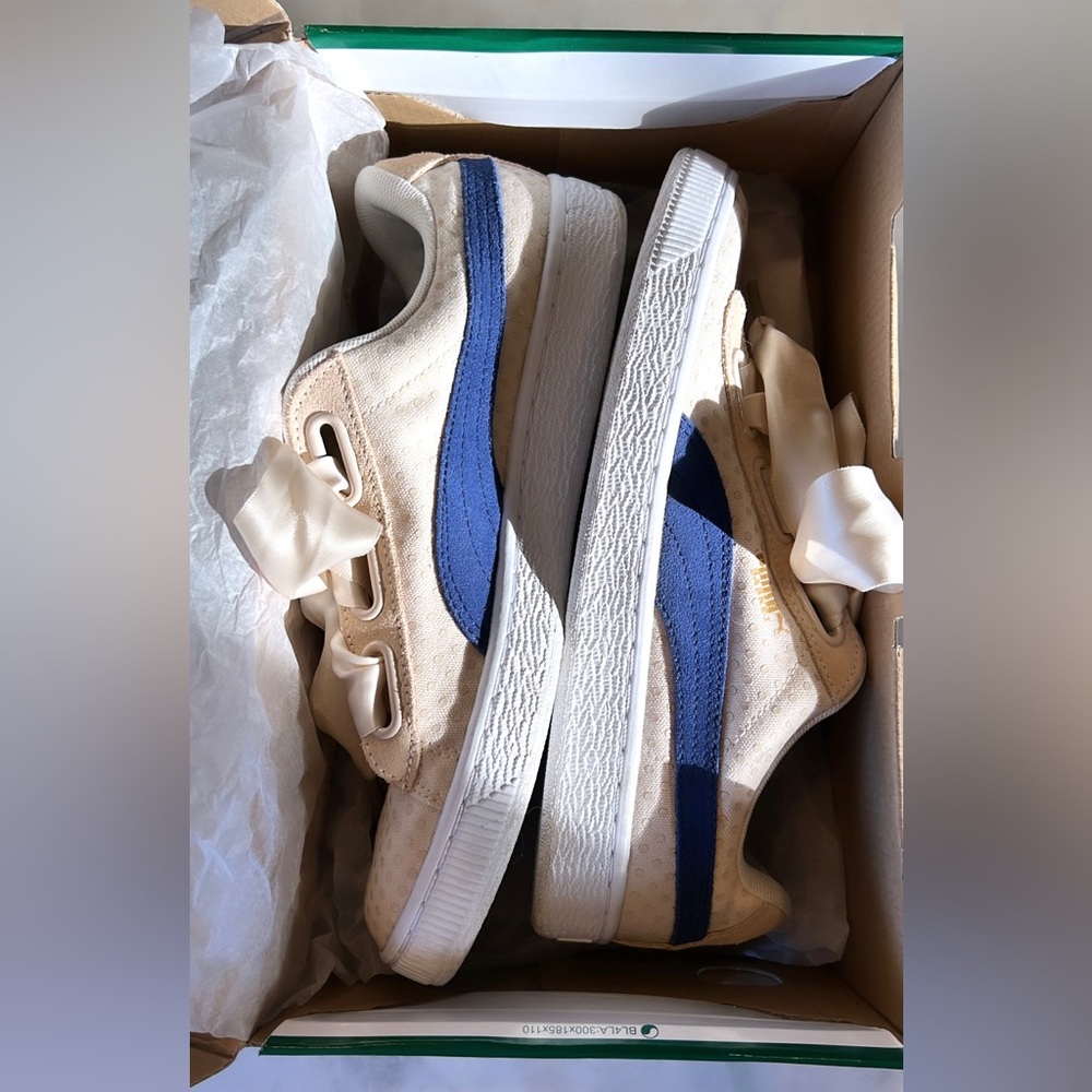 Puma Basket Heart Denim Oatmeal Twilight Blue Women’s Shoes - Picture 13 of 17